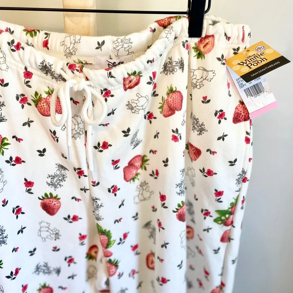 Disney Winnie the Pooh Strawberry Wide Leg Pajama Pants Off White XXL NWT - Picture 2 of 7